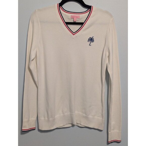 Lilly Pulitzer Long Sleeve Shirt Size M White Stretch Vintage V Neck Logo - Picture 1 of 15